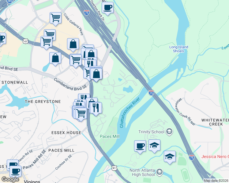 map of restaurants, bars, coffee shops, grocery stores, and more near 3225 Post Woods Drive Northwest in Atlanta