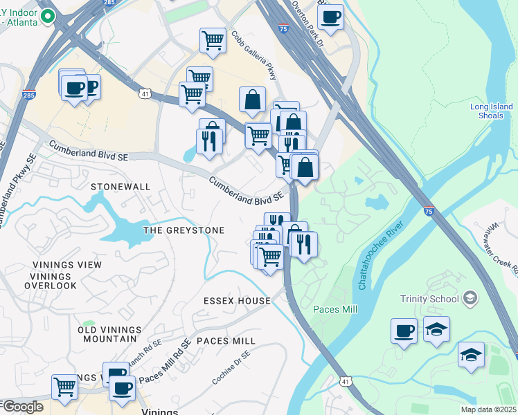 map of restaurants, bars, coffee shops, grocery stores, and more near 3340 Cumberland Boulevard Southeast in Atlanta