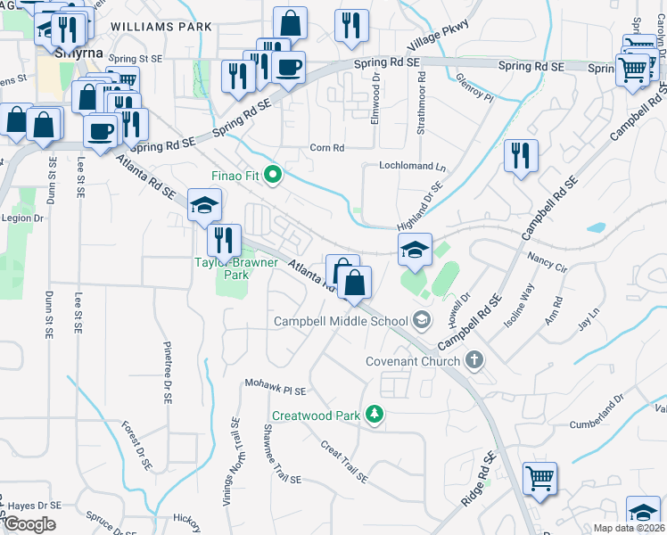 map of restaurants, bars, coffee shops, grocery stores, and more near 1108 Creatwood Circle in Smyrna