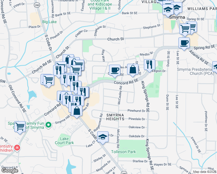 map of restaurants, bars, coffee shops, grocery stores, and more near 980 Concord Road Southeast in Smyrna