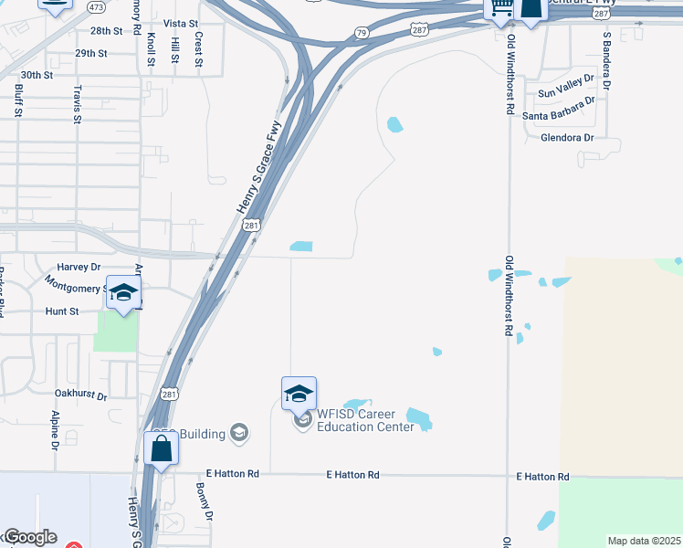 map of restaurants, bars, coffee shops, grocery stores, and more near 601 Midwestern Parkway East in Wichita Falls