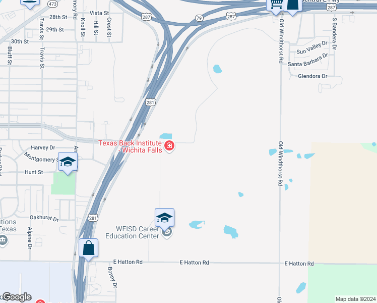 map of restaurants, bars, coffee shops, grocery stores, and more near 601 Midwestern Parkway East in Wichita Falls
