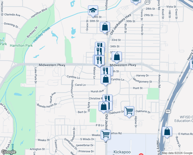 map of restaurants, bars, coffee shops, grocery stores, and more near 1508 Malcolm Lane in Wichita Falls