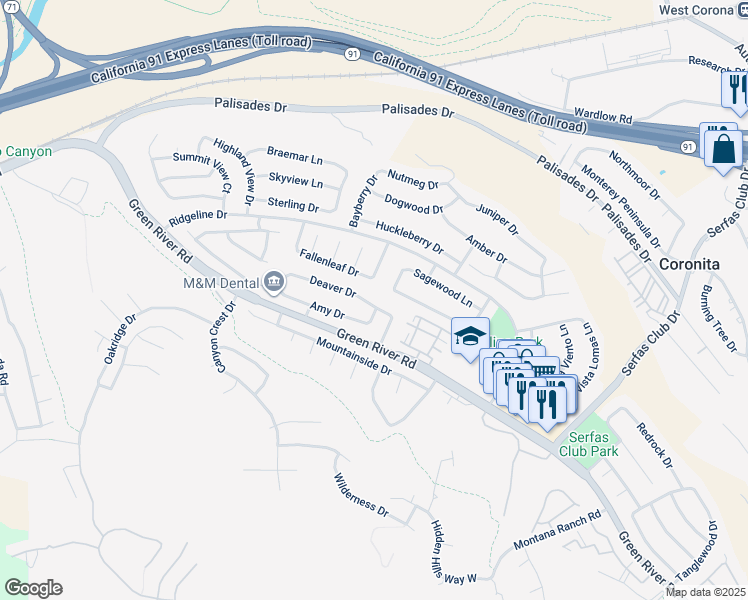 map of restaurants, bars, coffee shops, grocery stores, and more near 3315 Deaver Drive in Corona