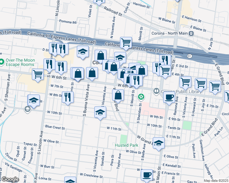 map of restaurants, bars, coffee shops, grocery stores, and more near West Grand Boulevard in Corona
