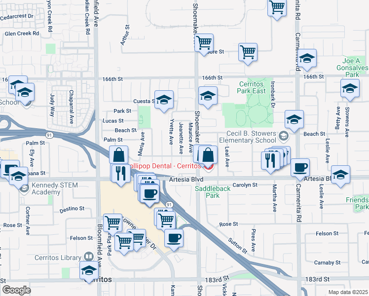 map of restaurants, bars, coffee shops, grocery stores, and more near 17208 Jeanette Avenue in Cerritos