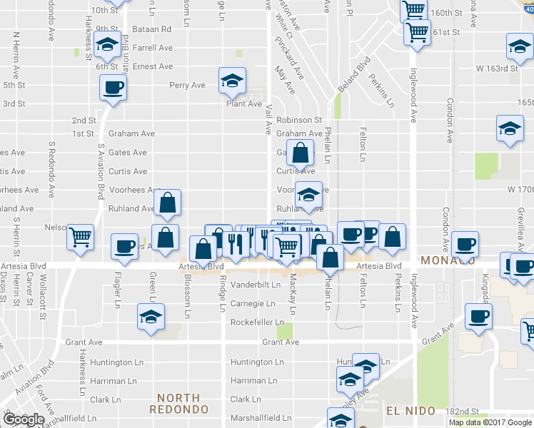 map of restaurants, bars, coffee shops, grocery stores, and more near 2211 Vail Avenue in Redondo Beach