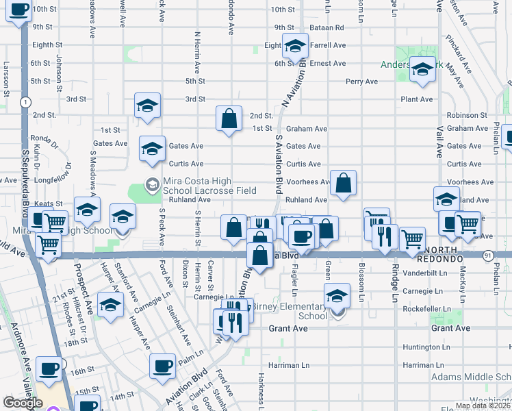 map of restaurants, bars, coffee shops, grocery stores, and more near 1740 Ruhland Avenue in Manhattan Beach