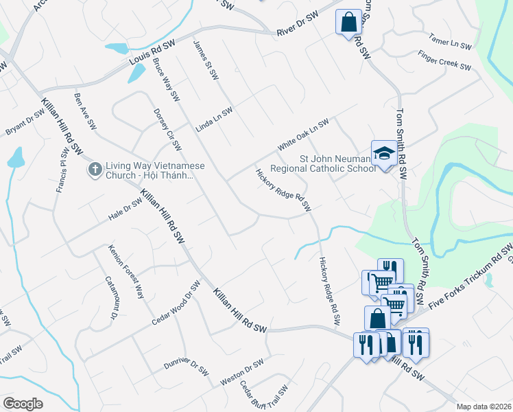 map of restaurants, bars, coffee shops, grocery stores, and more near 676 Bruce Way Southwest in Lilburn