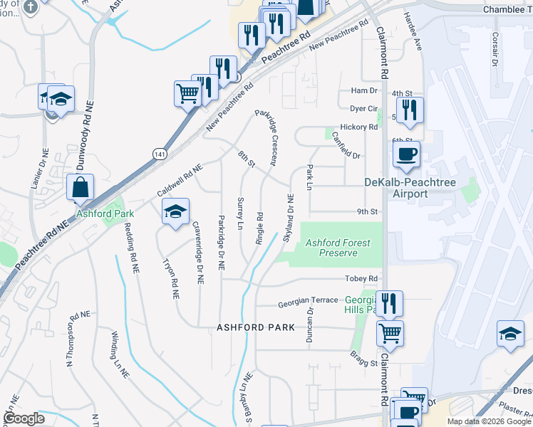 map of restaurants, bars, coffee shops, grocery stores, and more near 2991 Ringle Road in Chamblee