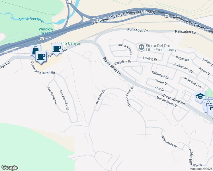 map of restaurants, bars, coffee shops, grocery stores, and more near 3611 San Mateo Circle in Corona