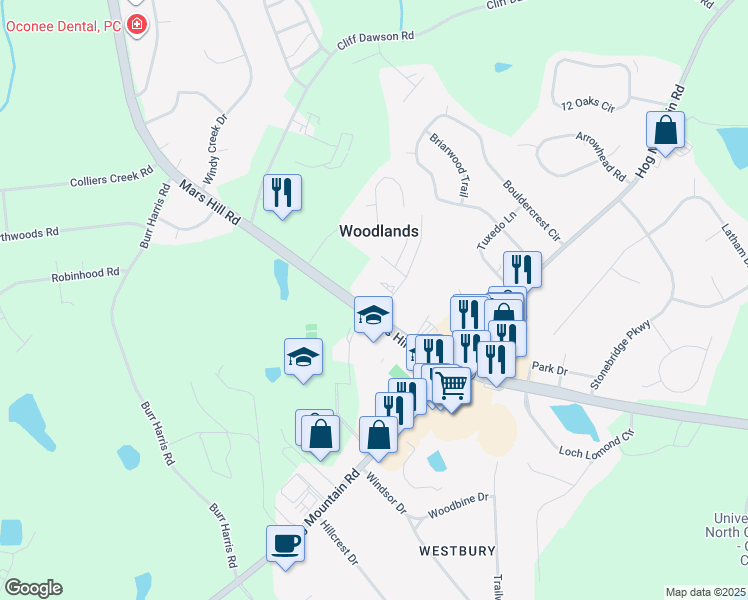 map of restaurants, bars, coffee shops, grocery stores, and more near 1120 Mars Hill Road in Watkinsville