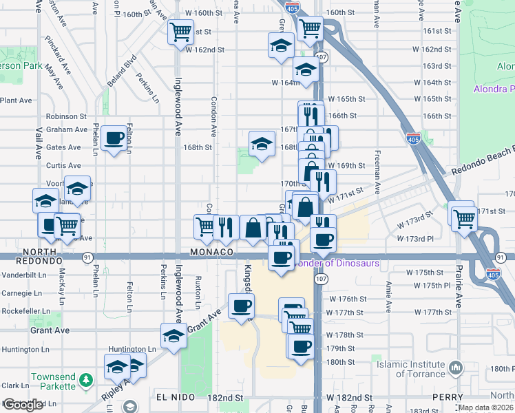 map of restaurants, bars, coffee shops, grocery stores, and more near 4546 West 171st Street in Lawndale