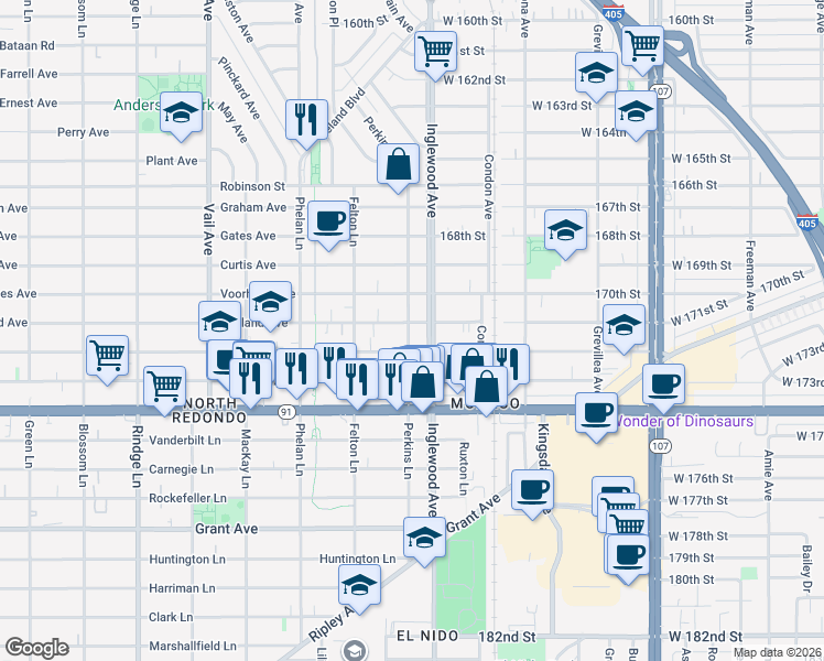 map of restaurants, bars, coffee shops, grocery stores, and more near 2700 Ruhland Avenue in Redondo Beach