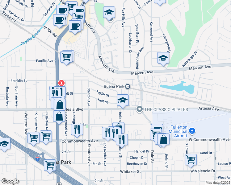 map of restaurants, bars, coffee shops, grocery stores, and more near 8201 Taylor Street in Buena Park