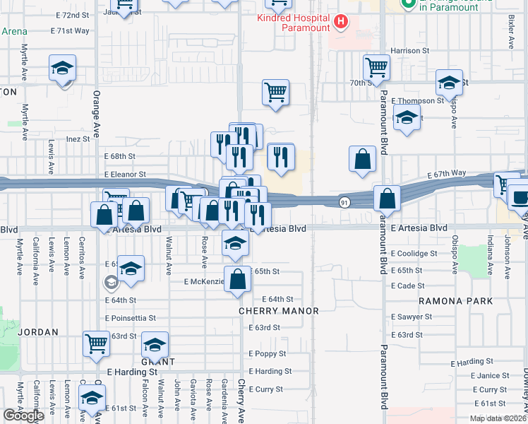 map of restaurants, bars, coffee shops, grocery stores, and more near 6640 Schilling Avenue in Long Beach