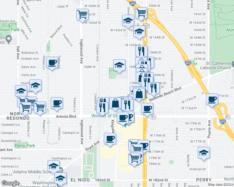 map of restaurants, bars, coffee shops, grocery stores, and more near 4546 West 171st Street in Lawndale