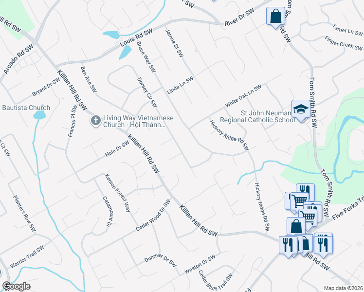 map of restaurants, bars, coffee shops, grocery stores, and more near 652 Dorsey Circle Southwest in Lilburn