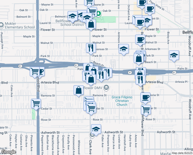 map of restaurants, bars, coffee shops, grocery stores, and more near 9441 Beverly Street in Bellflower