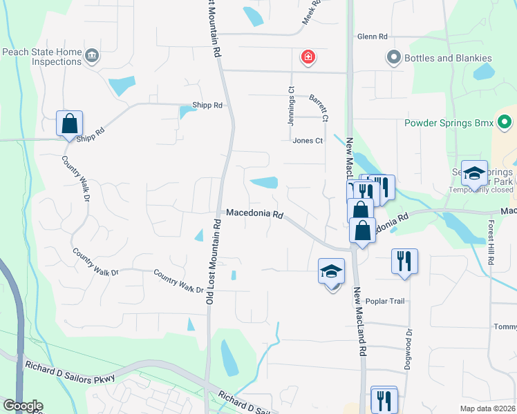 map of restaurants, bars, coffee shops, grocery stores, and more near 4434 Macedonia Road in Powder Springs