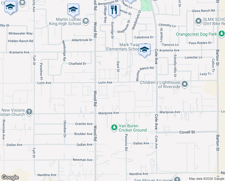 map of restaurants, bars, coffee shops, grocery stores, and more near 9649 Corcovado Way in Riverside