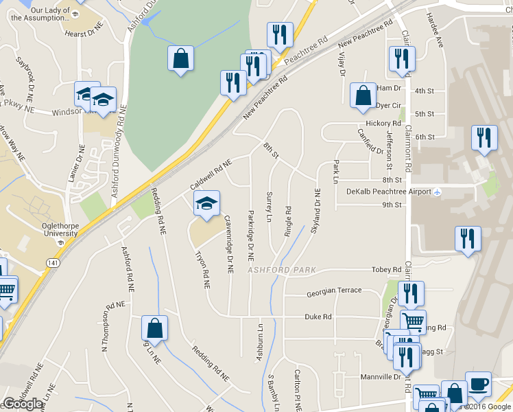 map of restaurants, bars, coffee shops, grocery stores, and more near 2977 Parkridge Drive Northeast in Atlanta
