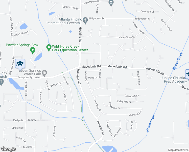 map of restaurants, bars, coffee shops, grocery stores, and more near 3546 Pony Lane in Powder Springs