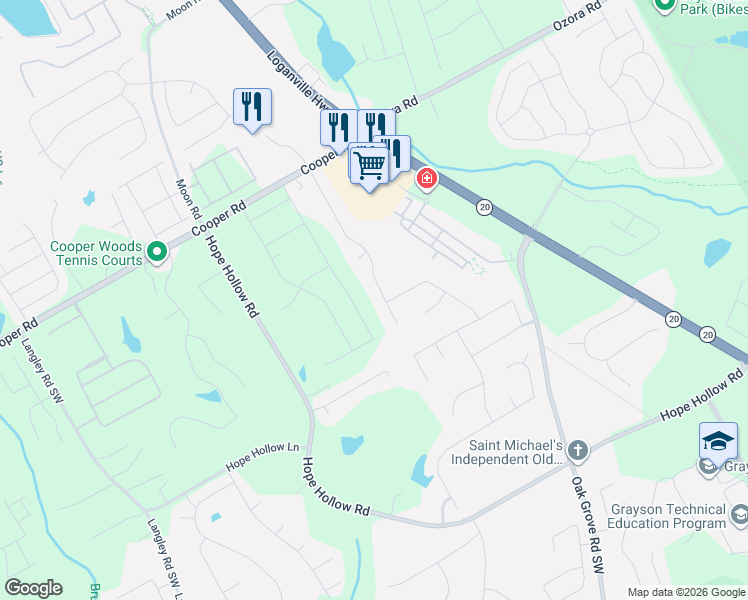 map of restaurants, bars, coffee shops, grocery stores, and more near 2935 Meadow Gate Way in Loganville