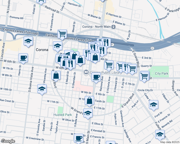 map of restaurants, bars, coffee shops, grocery stores, and more near 2 East 6th Street in Corona