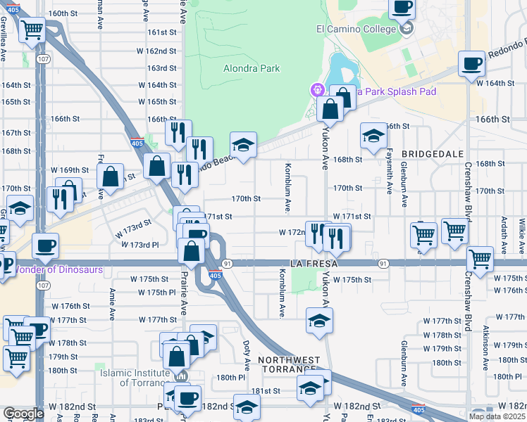 map of restaurants, bars, coffee shops, grocery stores, and more near 17003 Ainsworth Avenue in Torrance
