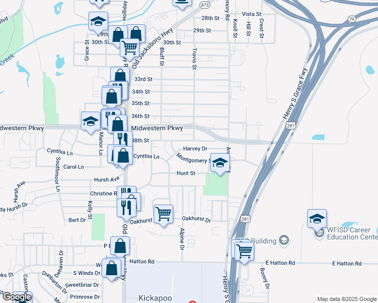 map of restaurants, bars, coffee shops, grocery stores, and more near 1302 Harvey Drive in Wichita Falls