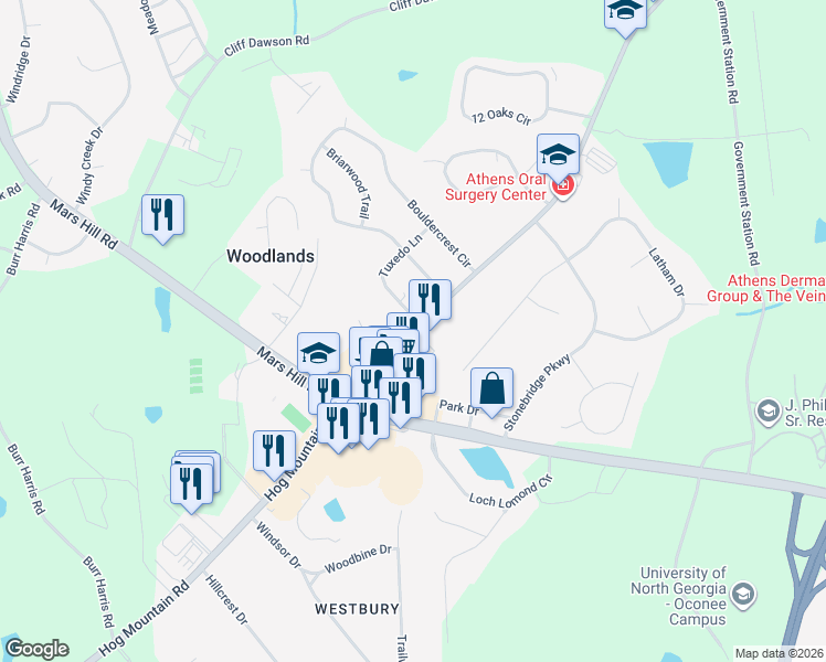 map of restaurants, bars, coffee shops, grocery stores, and more near 1951 Hog Mountain Road in Watkinsville