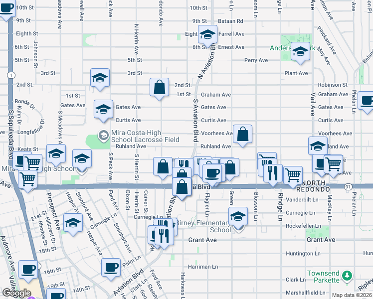 map of restaurants, bars, coffee shops, grocery stores, and more near 1760 Ruhland Avenue in Manhattan Beach