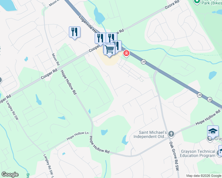 map of restaurants, bars, coffee shops, grocery stores, and more near 2935 Meadow Gate Way in Loganville