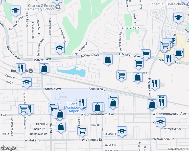 map of restaurants, bars, coffee shops, grocery stores, and more near 5 Woodlake Drive in Buena Park