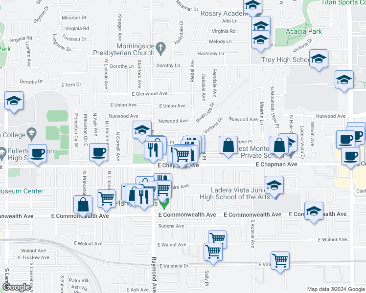 map of restaurants, bars, coffee shops, grocery stores, and more near 1331 Victoria Drive in Fullerton