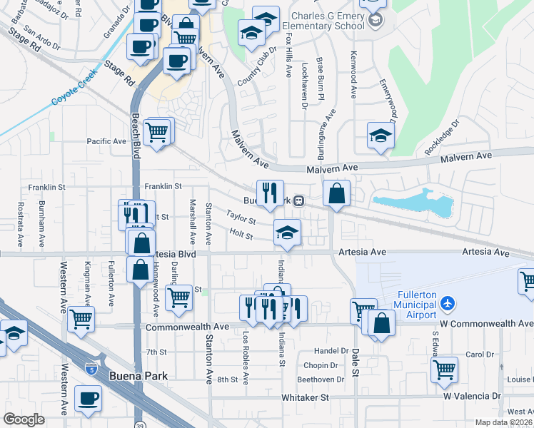 map of restaurants, bars, coffee shops, grocery stores, and more near 8192 Franklin Street in Buena Park
