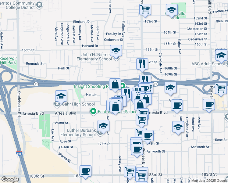 map of restaurants, bars, coffee shops, grocery stores, and more near 17020 Alburtis Avenue in Artesia