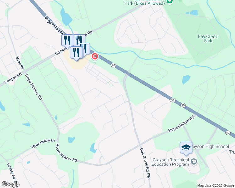 map of restaurants, bars, coffee shops, grocery stores, and more near 199 Blue Creek Lane Southwest in Loganville