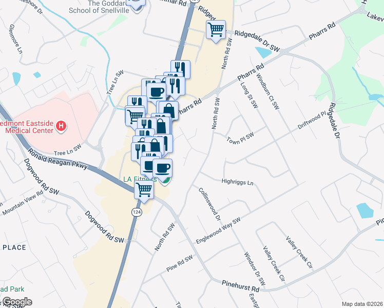 map of restaurants, bars, coffee shops, grocery stores, and more near 1873 Bennett Ridge Southwest in Snellville