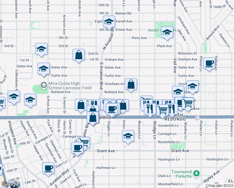 map of restaurants, bars, coffee shops, grocery stores, and more near 1924 Ruhland Avenue in Redondo Beach
