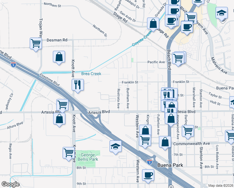 map of restaurants, bars, coffee shops, grocery stores, and more near 5823 Rostrata Avenue in Buena Park