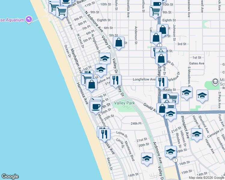 map of restaurants, bars, coffee shops, grocery stores, and more near 450 30th Street in Hermosa Beach