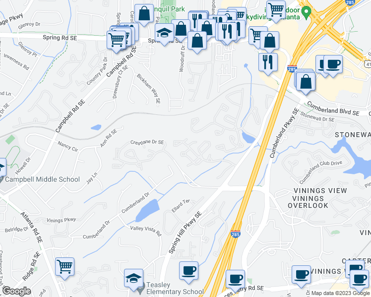 map of restaurants, bars, coffee shops, grocery stores, and more near 2408 Cumberland Court in Smyrna