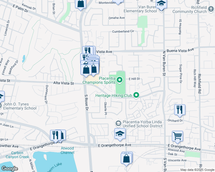 map of restaurants, bars, coffee shops, grocery stores, and more near 584 McFadden Street in Placentia