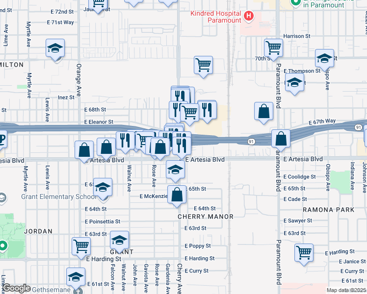 map of restaurants, bars, coffee shops, grocery stores, and more near 6664 Cherry Avenue in Long Beach