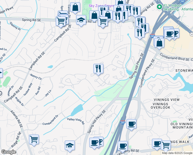 map of restaurants, bars, coffee shops, grocery stores, and more near 1603 Cumberland Court Southeast in Smyrna