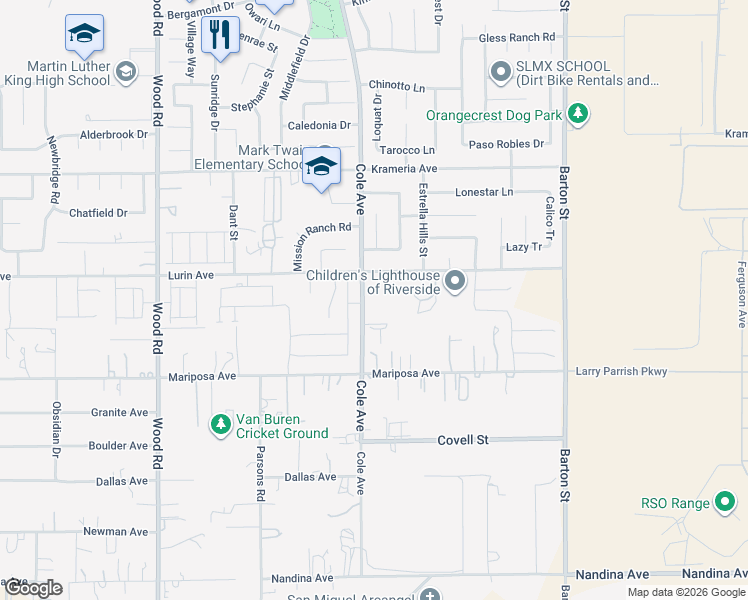 map of restaurants, bars, coffee shops, grocery stores, and more near 16820 Cole Avenue in Riverside