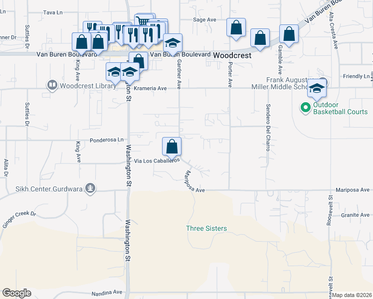 map of restaurants, bars, coffee shops, grocery stores, and more near 16750 Gardner Avenue in Riverside