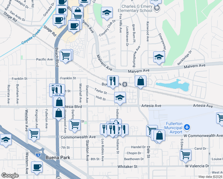 map of restaurants, bars, coffee shops, grocery stores, and more near 8201 Taylor Street in Buena Park